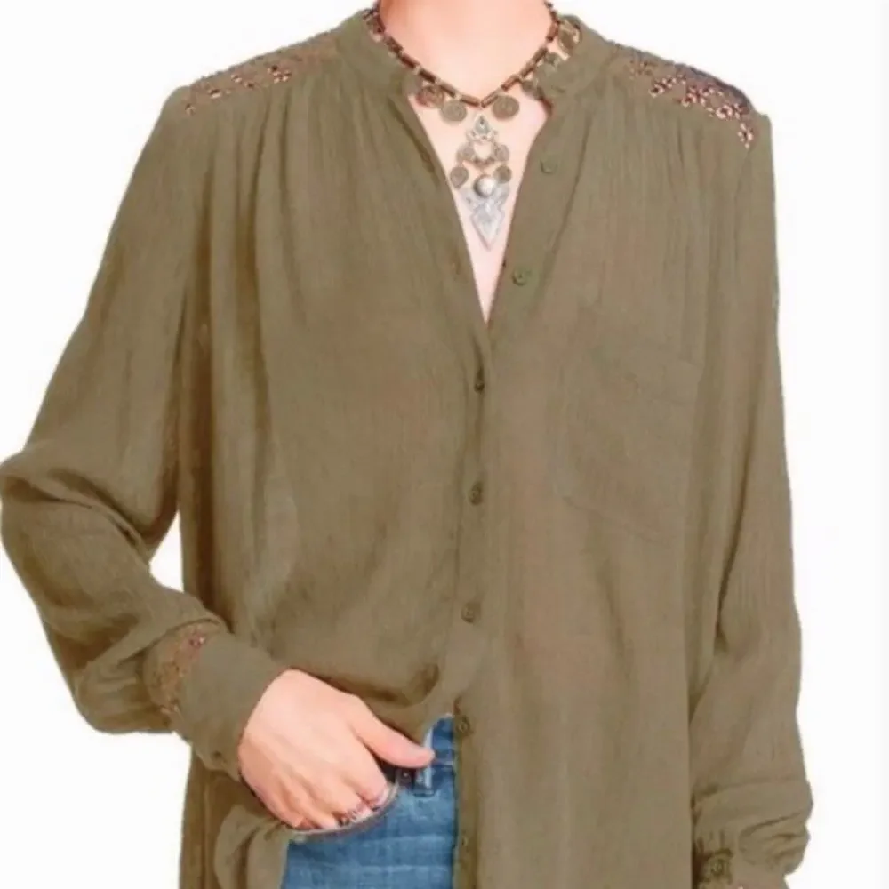 Free People The Best Crochet Back Olive Green Button Up Blouse